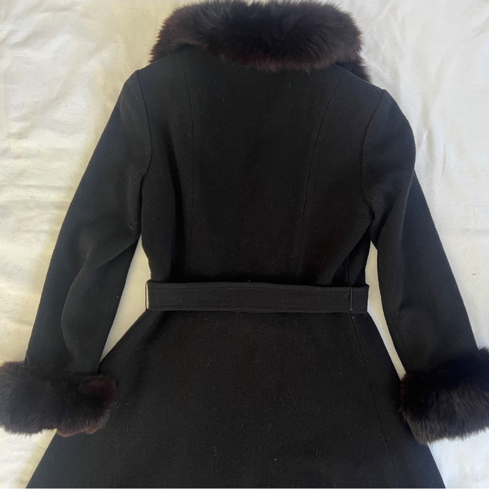 Pierre Cardin Vintage 70s Fox Fur Wool Melton Fit Flare Belted Luxe Winter Coat - Picture 9 of 15